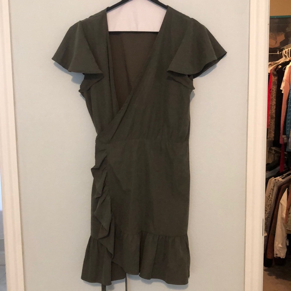 Dark green ruffle wrap dress